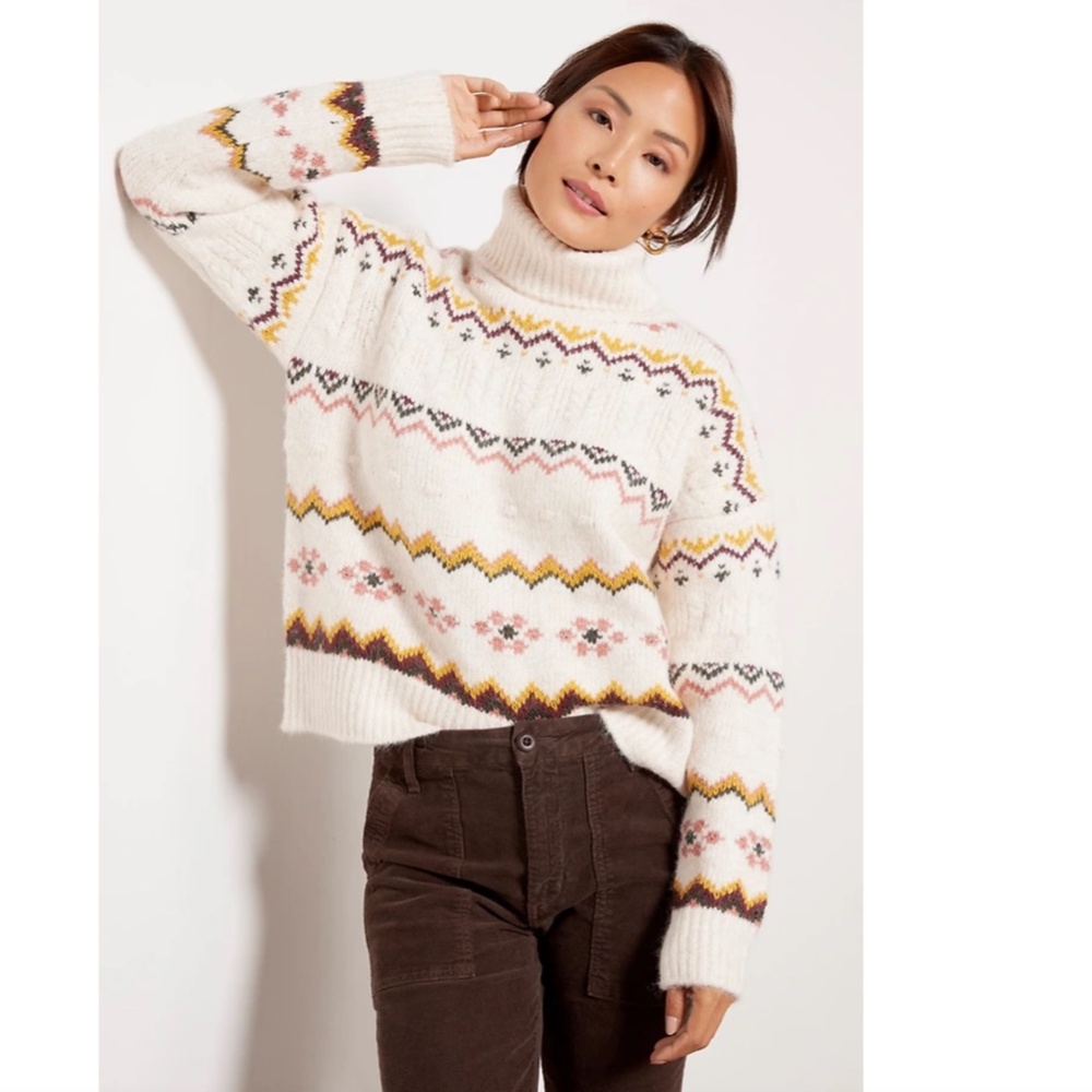 Evereve Lyra Fair Isle Chunky Turtleneck Sweater, Cream Geometric, Size Small
